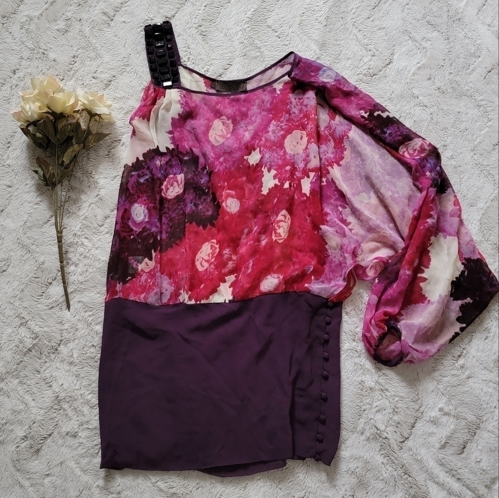 Maison Vandenbos 100% Silk Watercolor Floral Print Blouse One Shoulder Sz 0